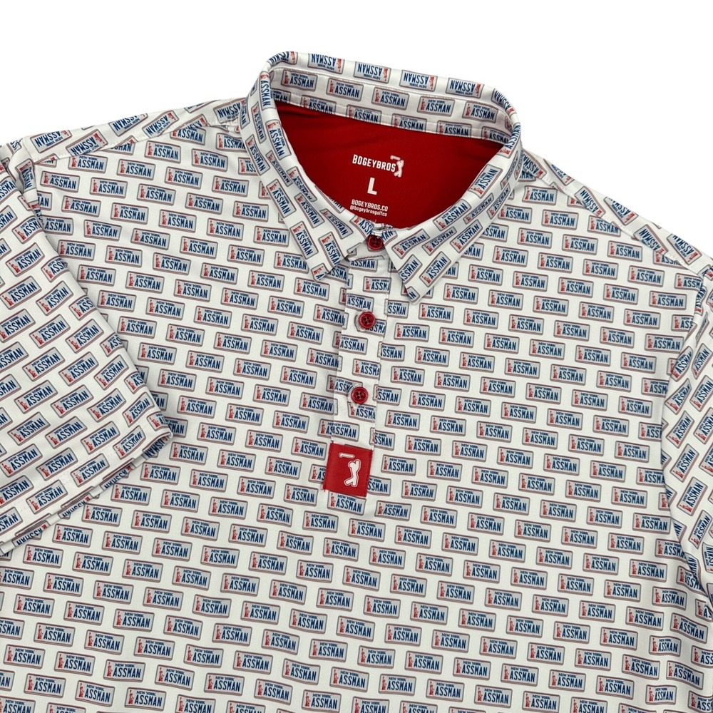 Bogey Bros Seinfeld Golf Polo Shirt Mens Large Performance Assman NYC Plate
